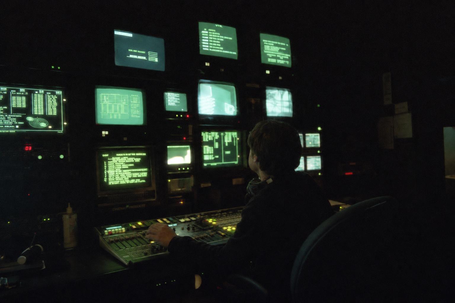An operator before a wall of monitors in a dark control room